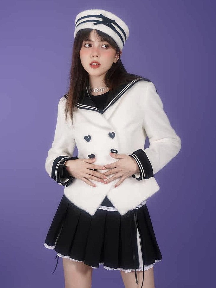 SagiDolls Milk Rabbit Trim Sailor Collar Double Breasted Women's Faux Mink Fur Cardigans