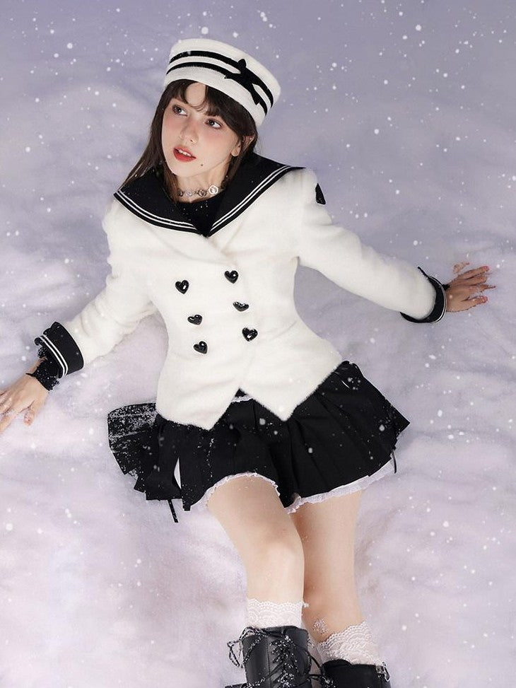 SagiDolls Milk Rabbit Trim Sailor Collar Double Breasted Women's Faux Mink Fur Cardigans