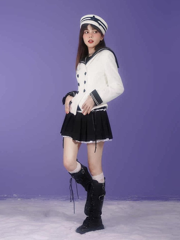 SagiDolls Milk Rabbit Trim Sailor Collar Double Breasted Women's Faux Mink Fur Cardigans