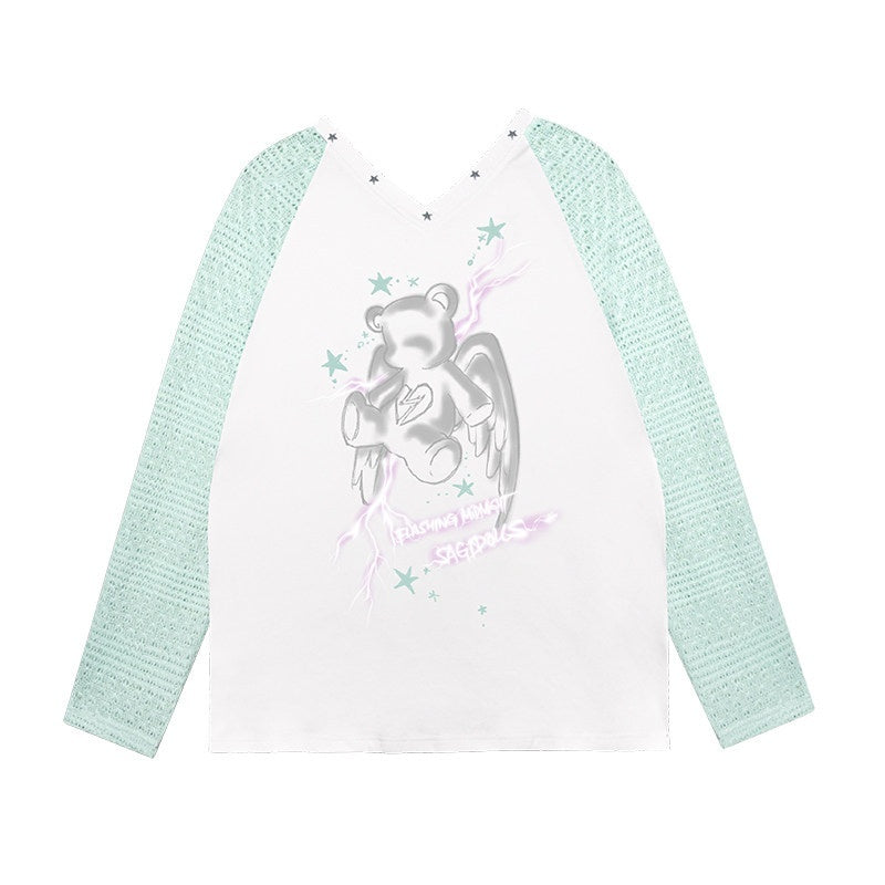 SagiDolls_Mint_Angel_Bear_Print_V-neck_Raglan_Women's_Viscose_Blend_Long_Sleeve_T-shirts_829928493533_MISSTT