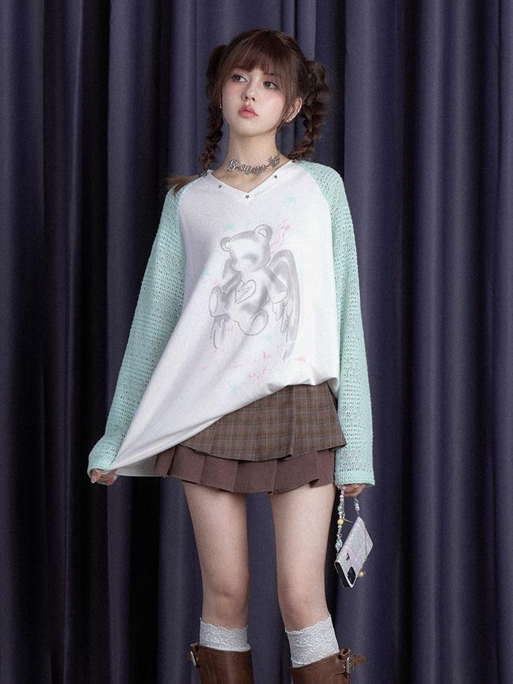 SagiDolls Mint Angel Bear Print V-neck Raglan Women's Viscose Blend Long Sleeve T-shirts