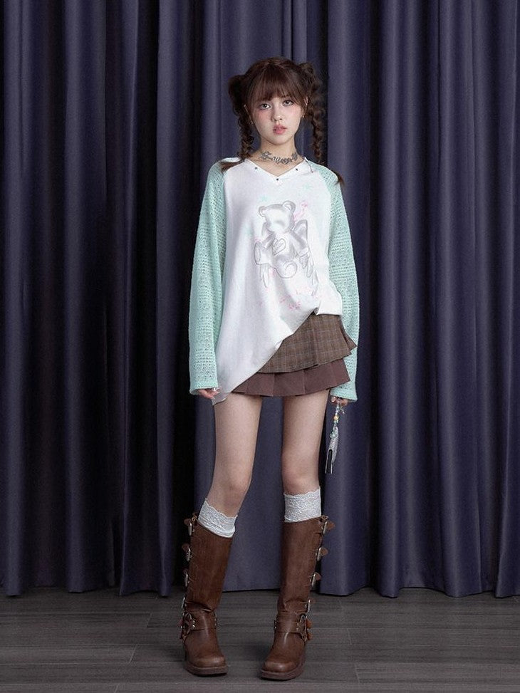 SagiDolls Mint Angel Bear Print V-neck Raglan Women's Viscose Blend Long Sleeve T-shirts