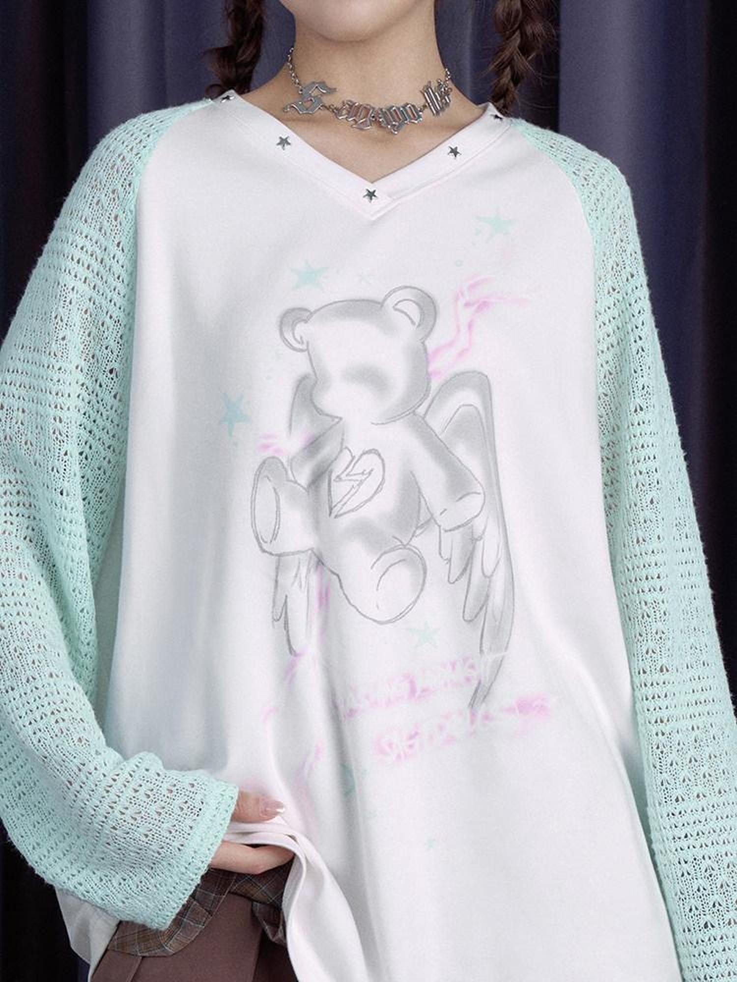 SagiDolls Mint Angel Bear Print V-neck Raglan Women's Viscose Blend Long Sleeve T-shirts