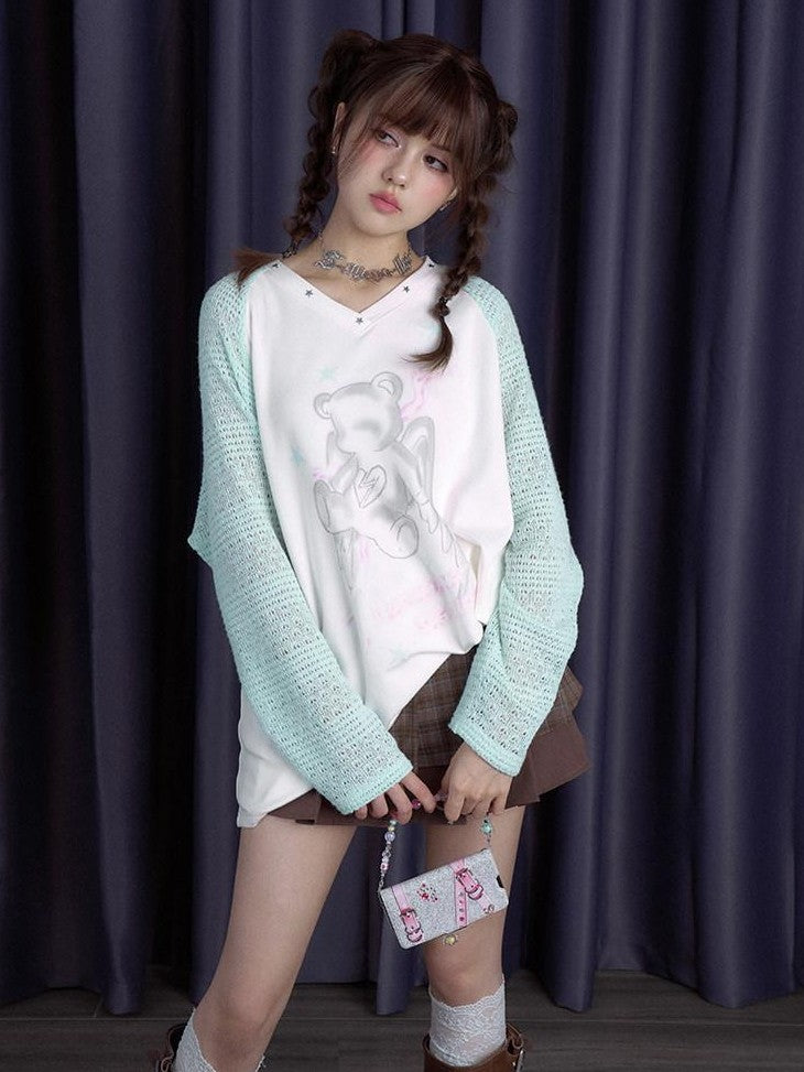 SagiDolls Mint Angel Bear Print V-neck Raglan Women's Viscose Blend Long Sleeve T-shirts