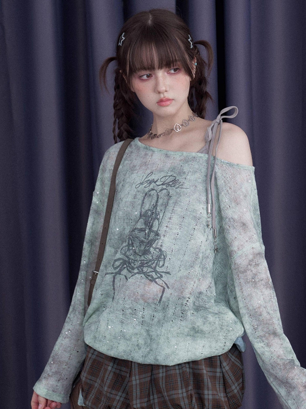 SagiDolls Mint Galaxy Silver Spray Print Creative Women's Polyester Off-shoulder T-shirts