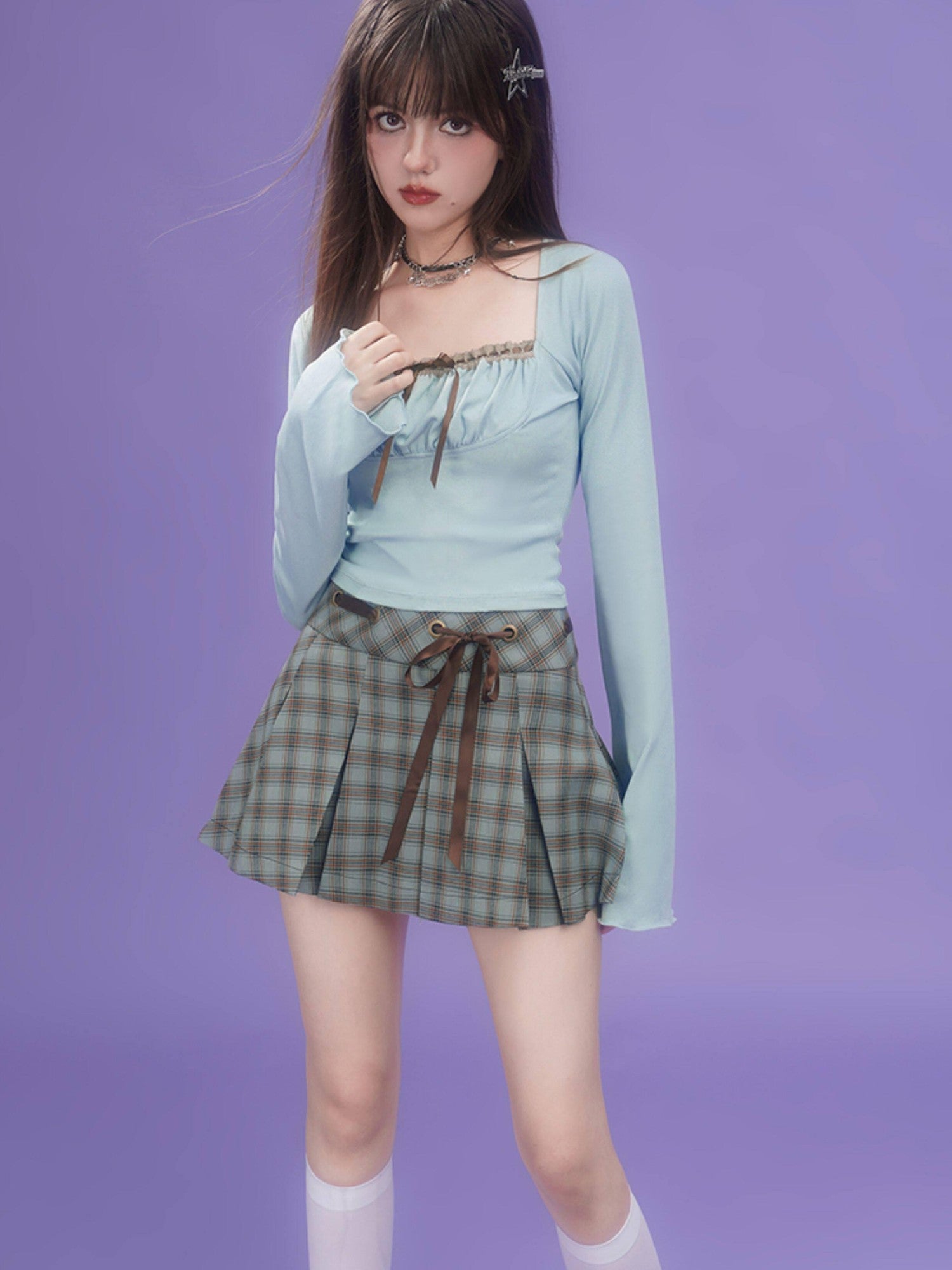 SagiDolls Mint Green Seamed Flare Sleeve Square Neck Women's Cotton Long Sleeve T-shirts