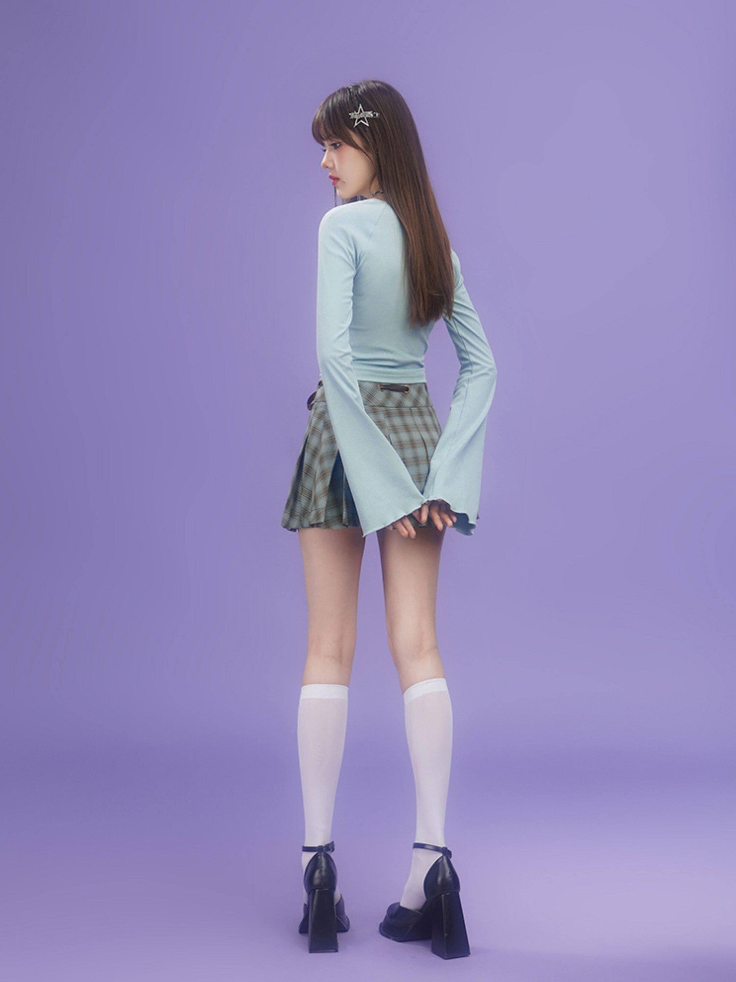 SagiDolls Mint Green Seamed Flare Sleeve Square Neck Women's Cotton Long Sleeve T-shirts