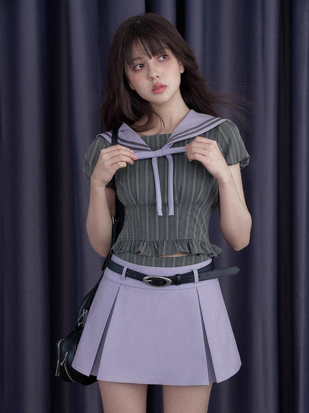 SagiDolls Misty Nautical Sailor Collar Gray Purple Schoolgirl Women's Matching Skirt Sets