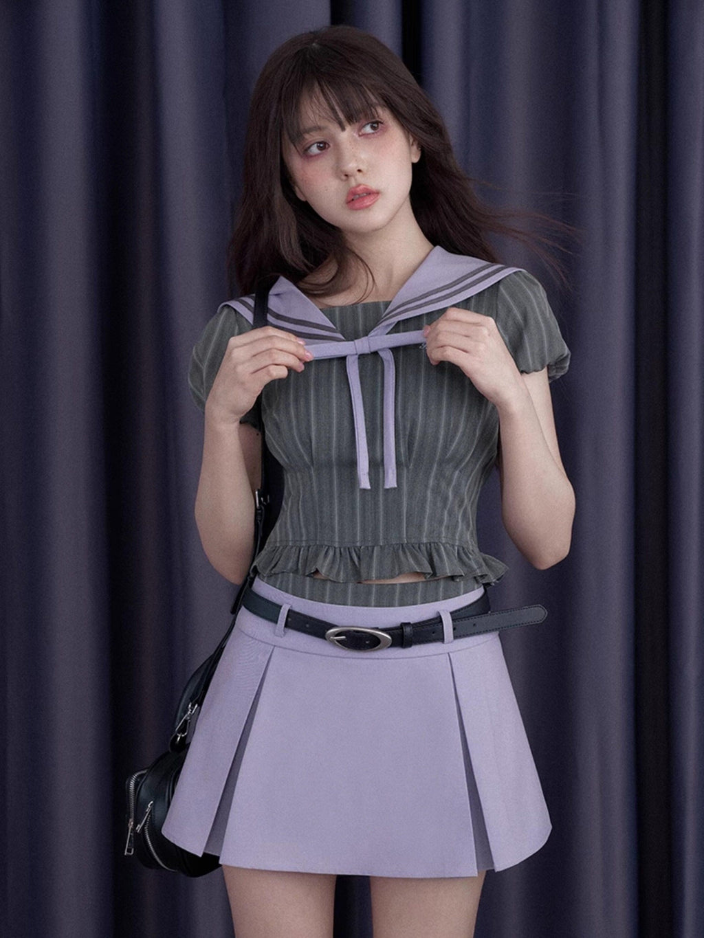 SagiDolls Misty Nautical Sailor Collar Gray Purple Schoolgirl Women's Matching Skirt Sets