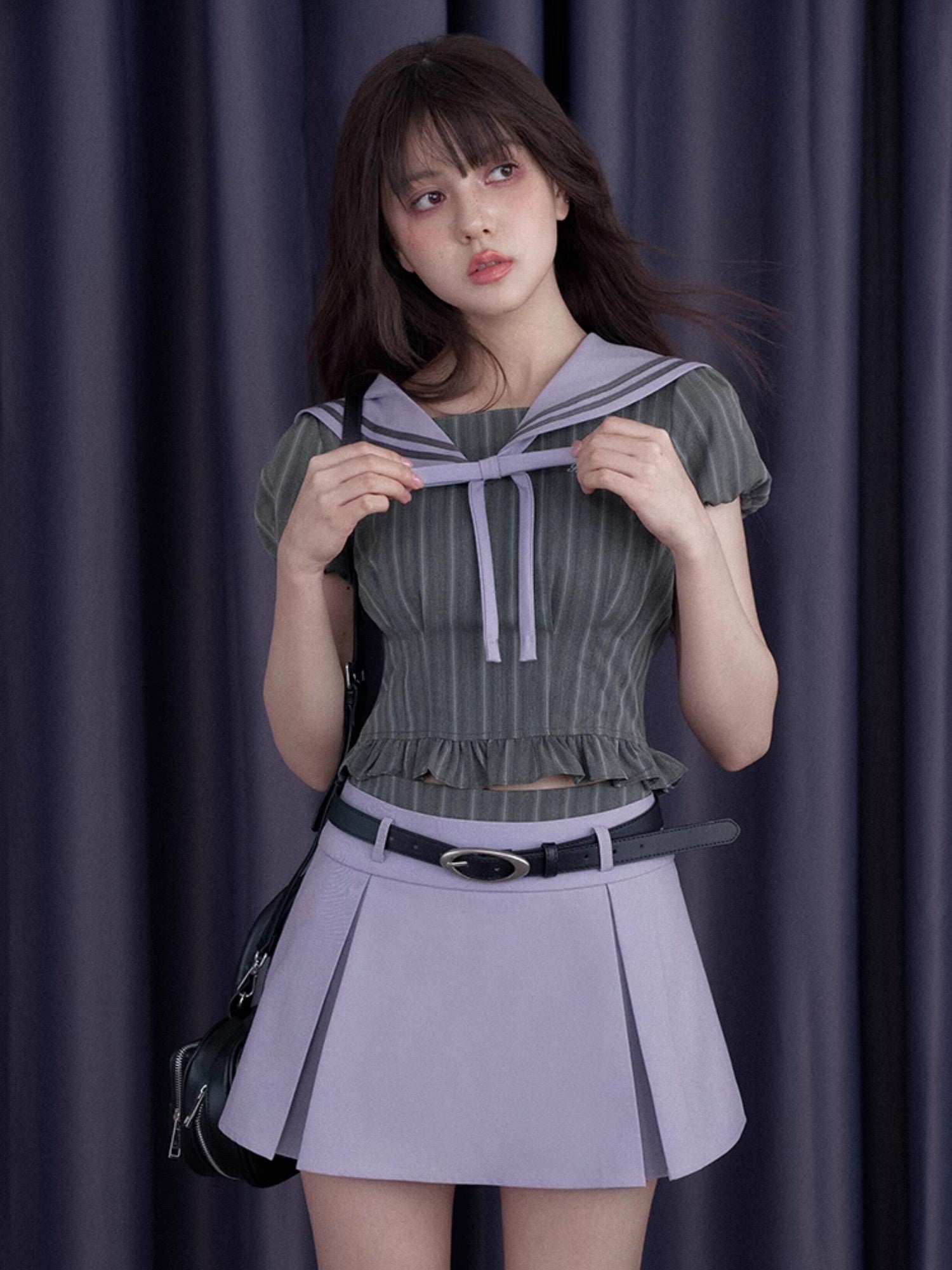 SagiDolls Misty Nautical Sailor Collar Gray Purple Schoolgirl Women's Matching Skirt Sets