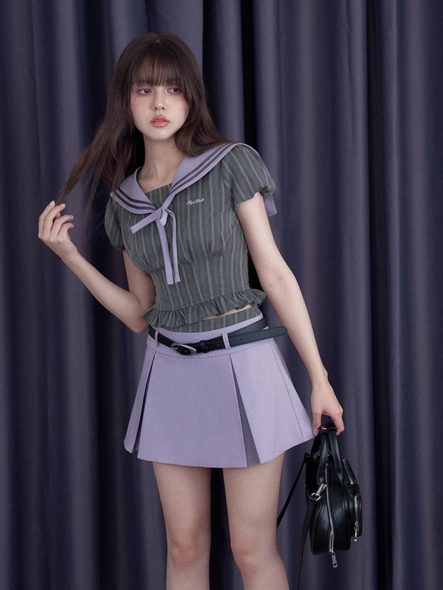 SagiDolls Misty Nautical Sailor Collar Gray Purple Schoolgirl Women's Matching Skirt Sets