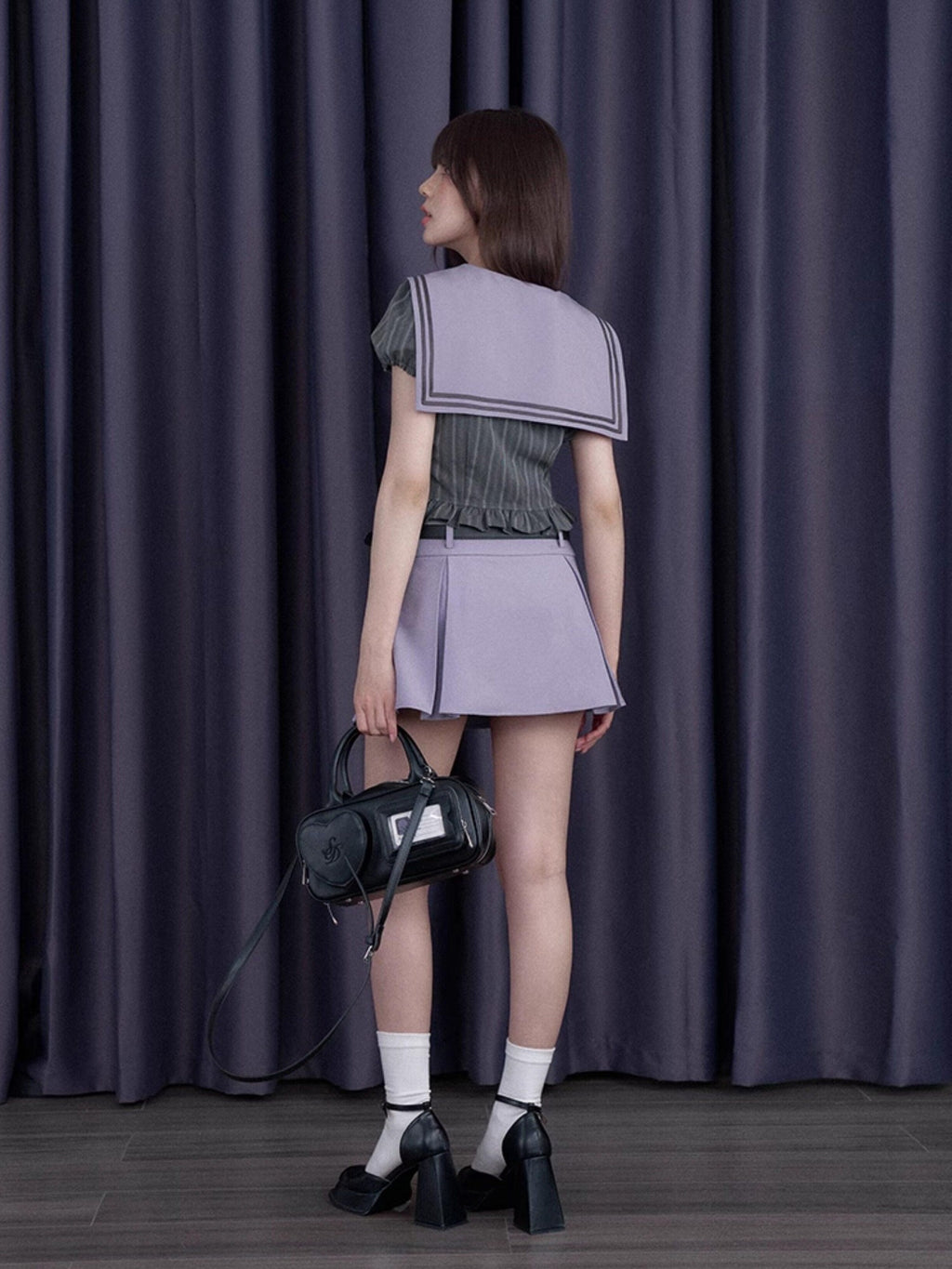 SagiDolls Misty Nautical Sailor Collar Gray Purple Schoolgirl Women's Matching Skirt Sets