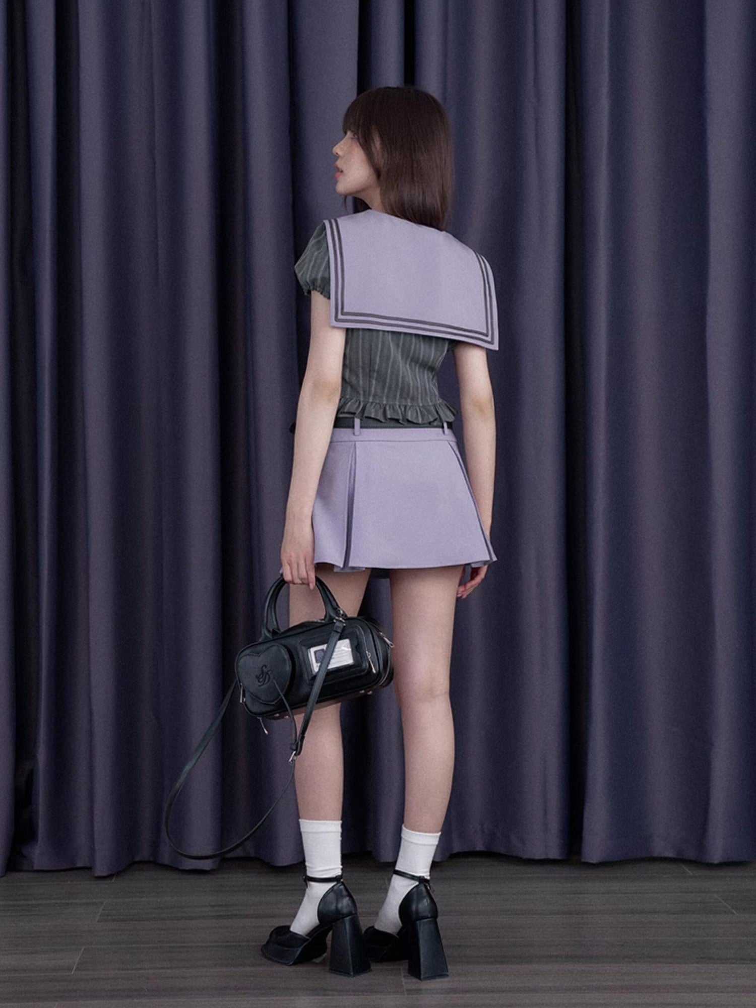 SagiDolls Misty Nautical Sailor Collar Gray Purple Schoolgirl Women's Matching Skirt Sets