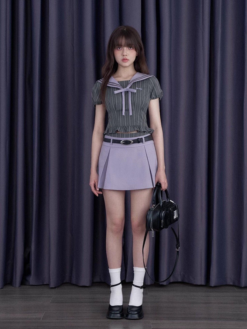 SagiDolls Misty Nautical Sailor Collar Gray Purple Schoolgirl Women's Matching Skirt Sets