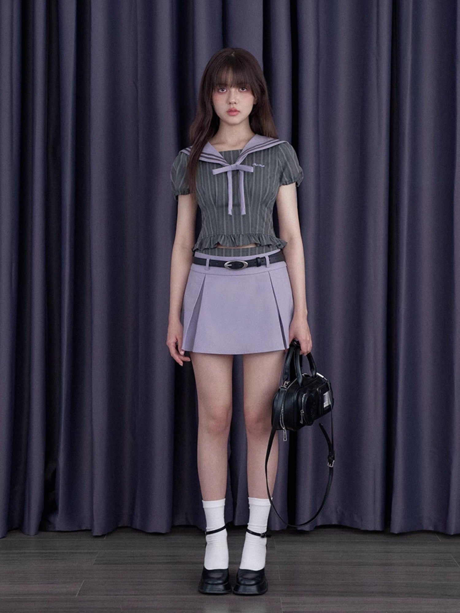 SagiDolls Misty Nautical Sailor Collar Gray Purple Schoolgirl Women's Matching Skirt Sets
