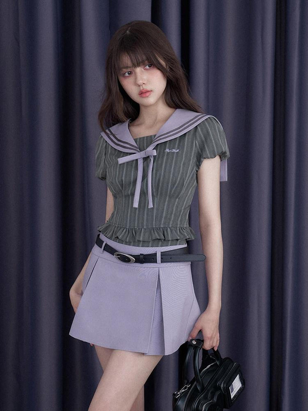 SagiDolls Misty Nautical Sailor Collar Gray Purple Schoolgirl Women's Matching Skirt Sets