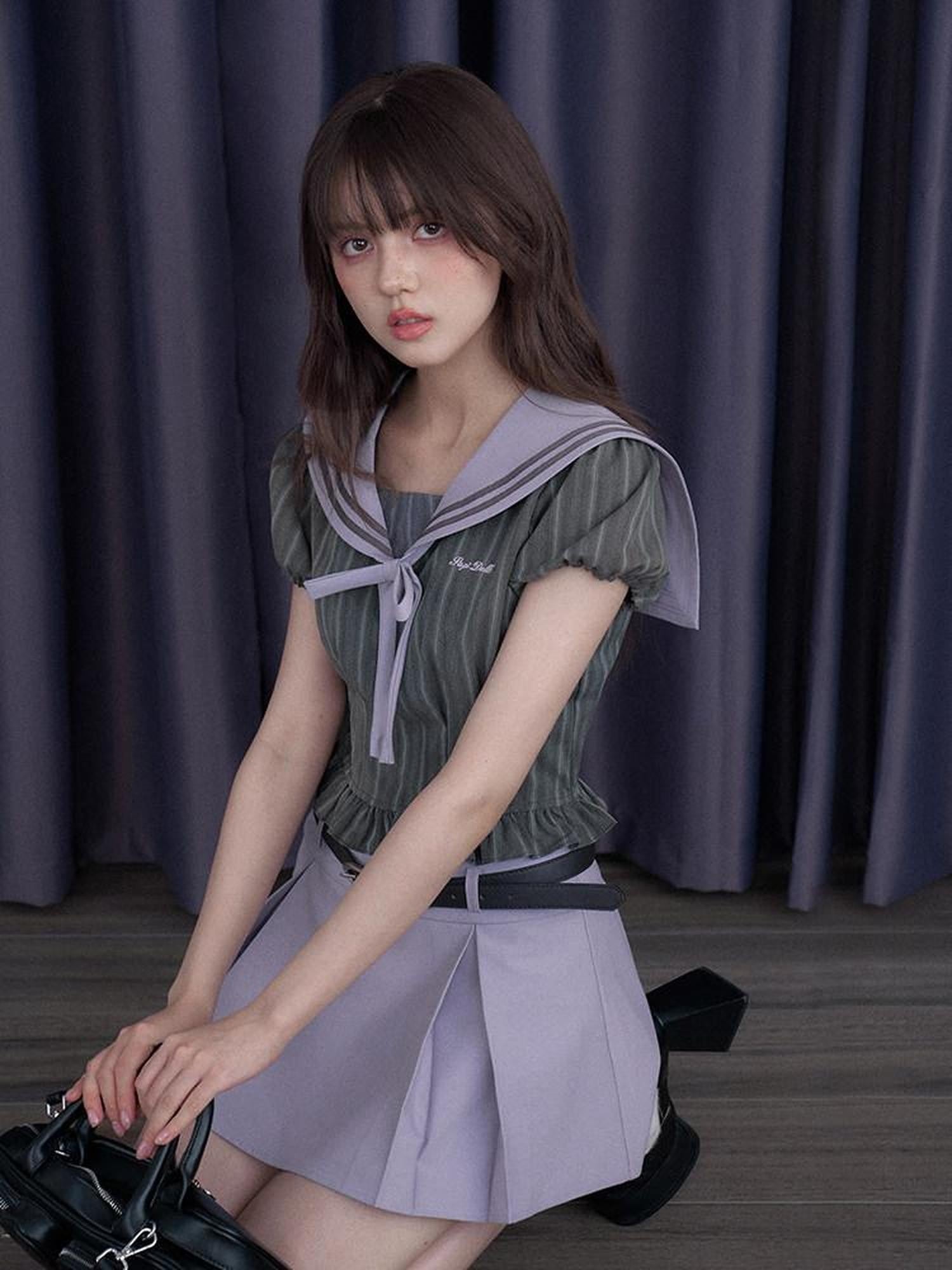 SagiDolls Misty Nautical Sailor Collar Gray Purple Schoolgirl Women's Matching Skirt Sets