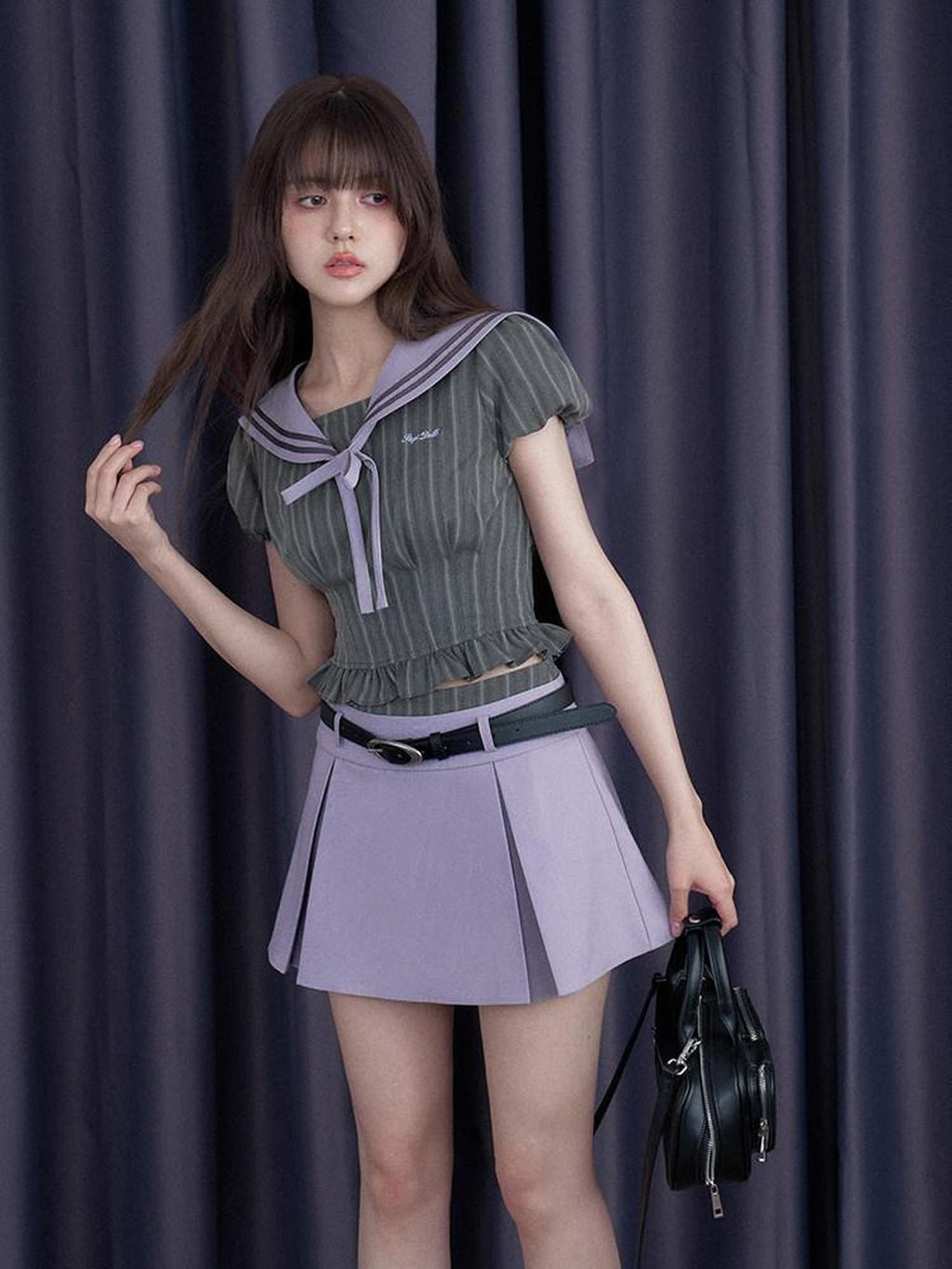 SagiDolls Misty Nautical Sailor Collar Gray Purple Schoolgirl Women's Matching Skirt Sets