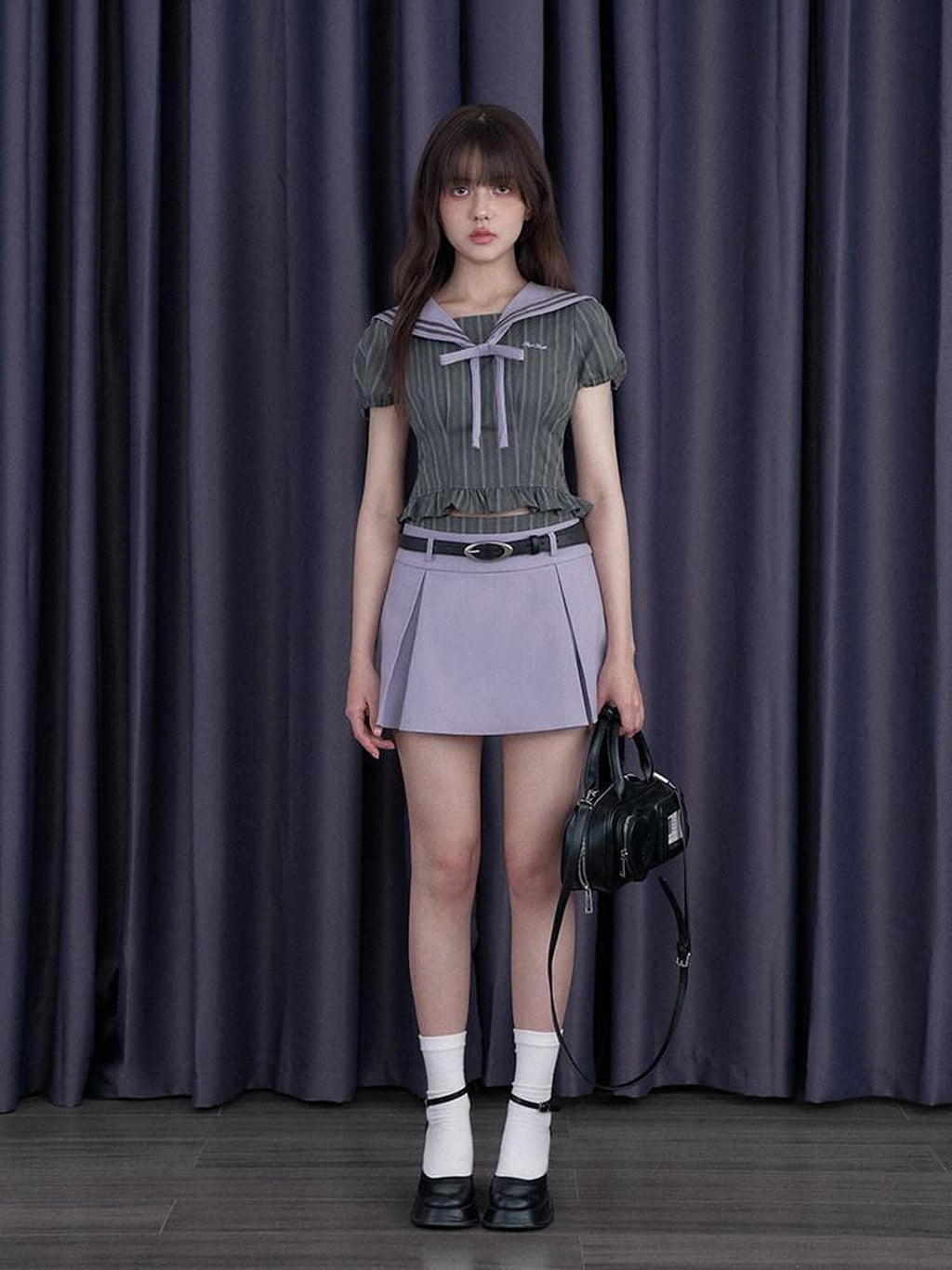 SagiDolls Misty Nautical Sailor Collar Gray Purple Schoolgirl Women's Matching Skirt Sets
