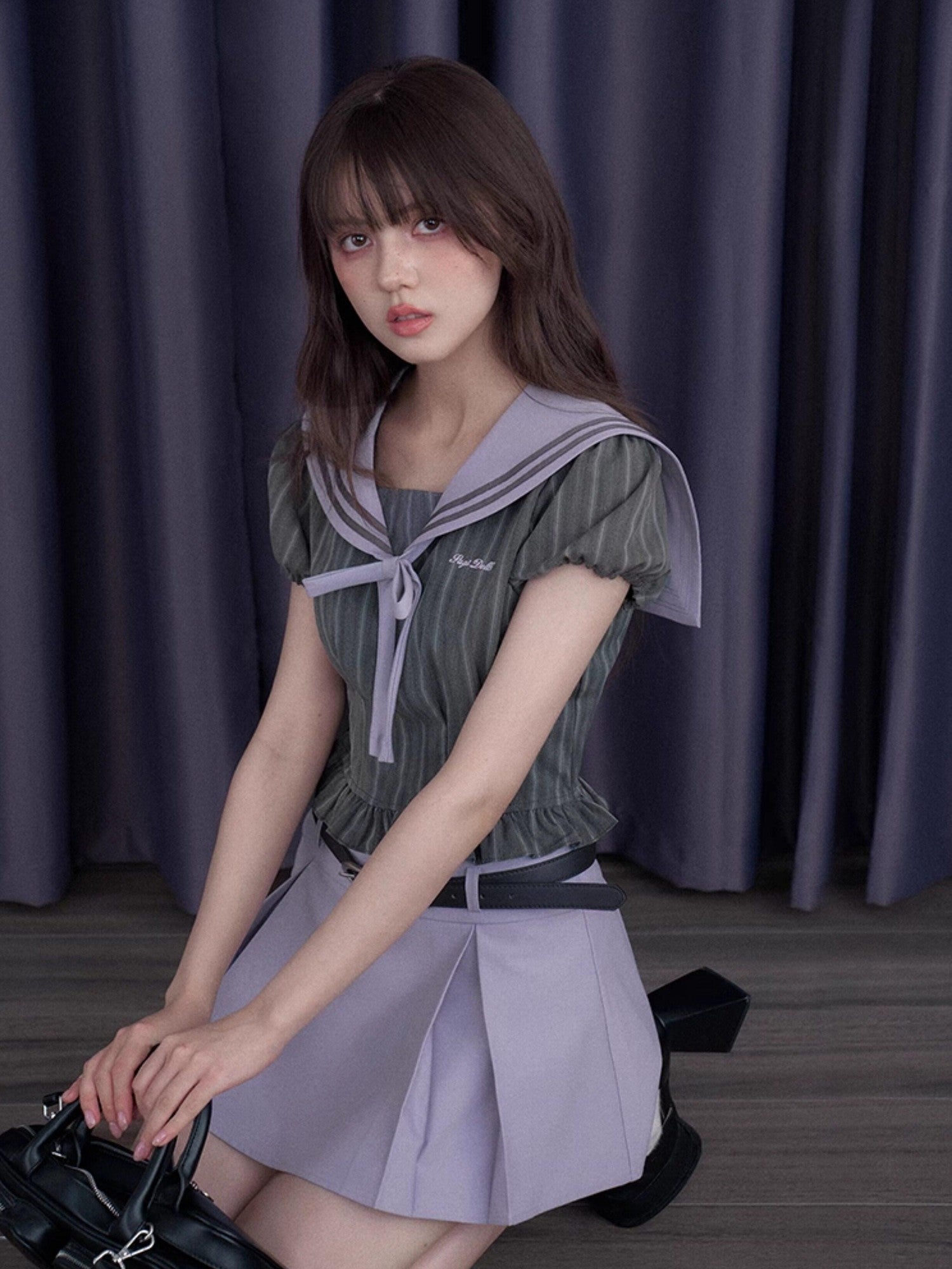 SagiDolls Misty Nautical Sailor Collar Gray Purple Schoolgirl Women's Matching Skirt Sets