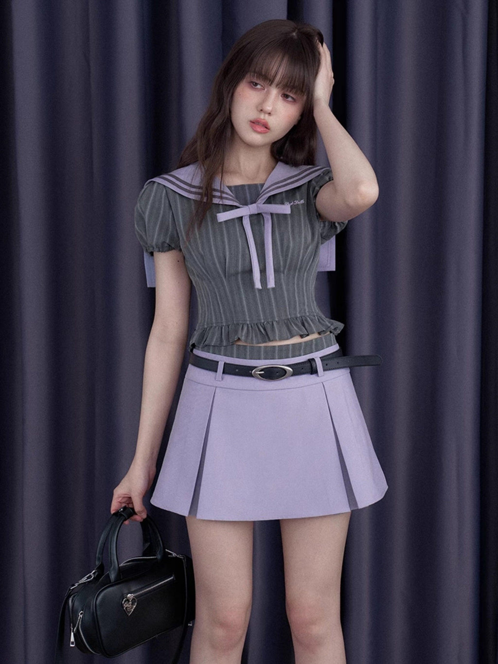 SagiDolls Misty Nautical Sailor Collar Gray Purple Schoolgirl Women's Matching Skirt Sets