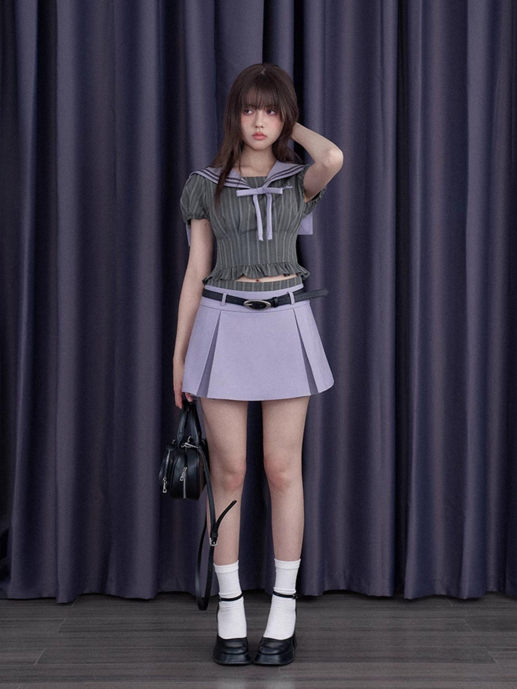 SagiDolls Misty Nautical Sailor Collar Gray Purple Schoolgirl Women's Matching Skirt Sets