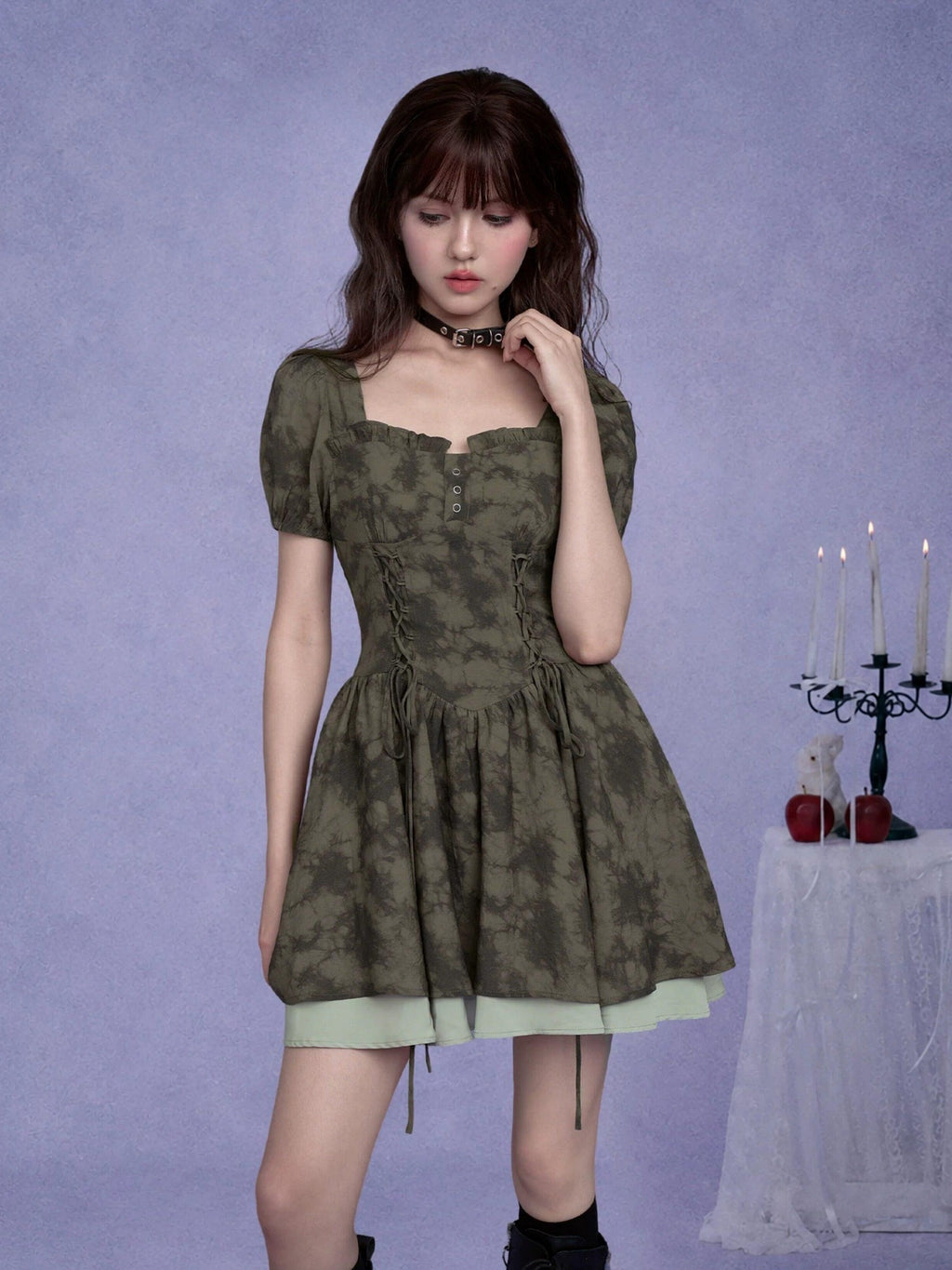 SagiDolls Moss Green Printed Lace Up High Waist Women's Corset Mini Dresses