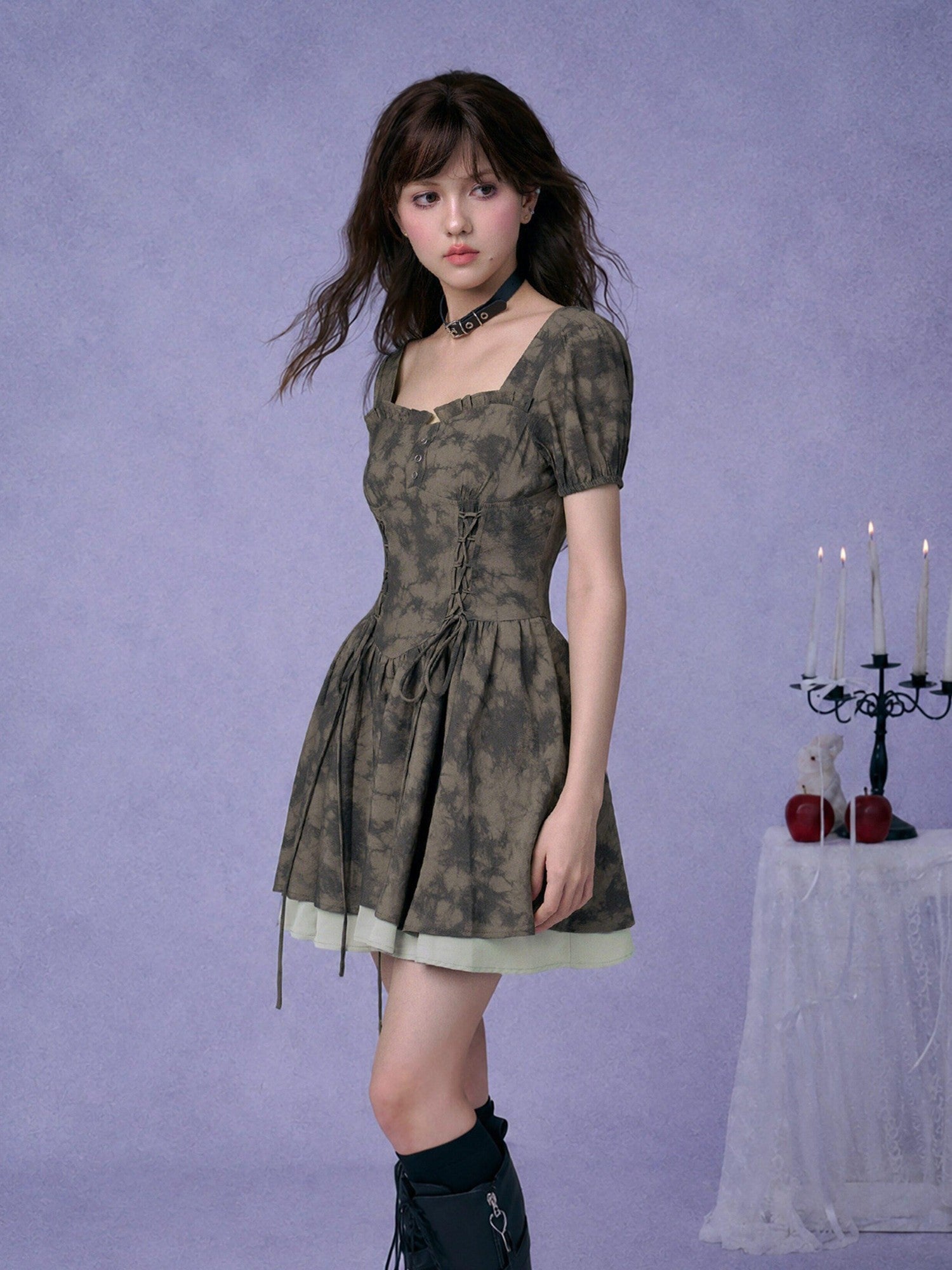 SagiDolls Moss Green Printed Lace Up High Waist Women's Corset Mini Dresses