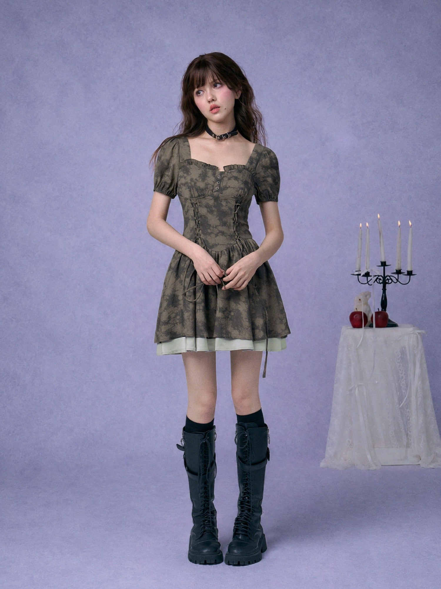 SagiDolls Moss Green Printed Lace Up High Waist Women's Corset Mini Dresses