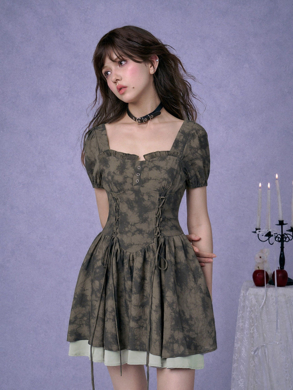 SagiDolls Moss Green Printed Lace Up High Waist Women's Corset Mini Dresses