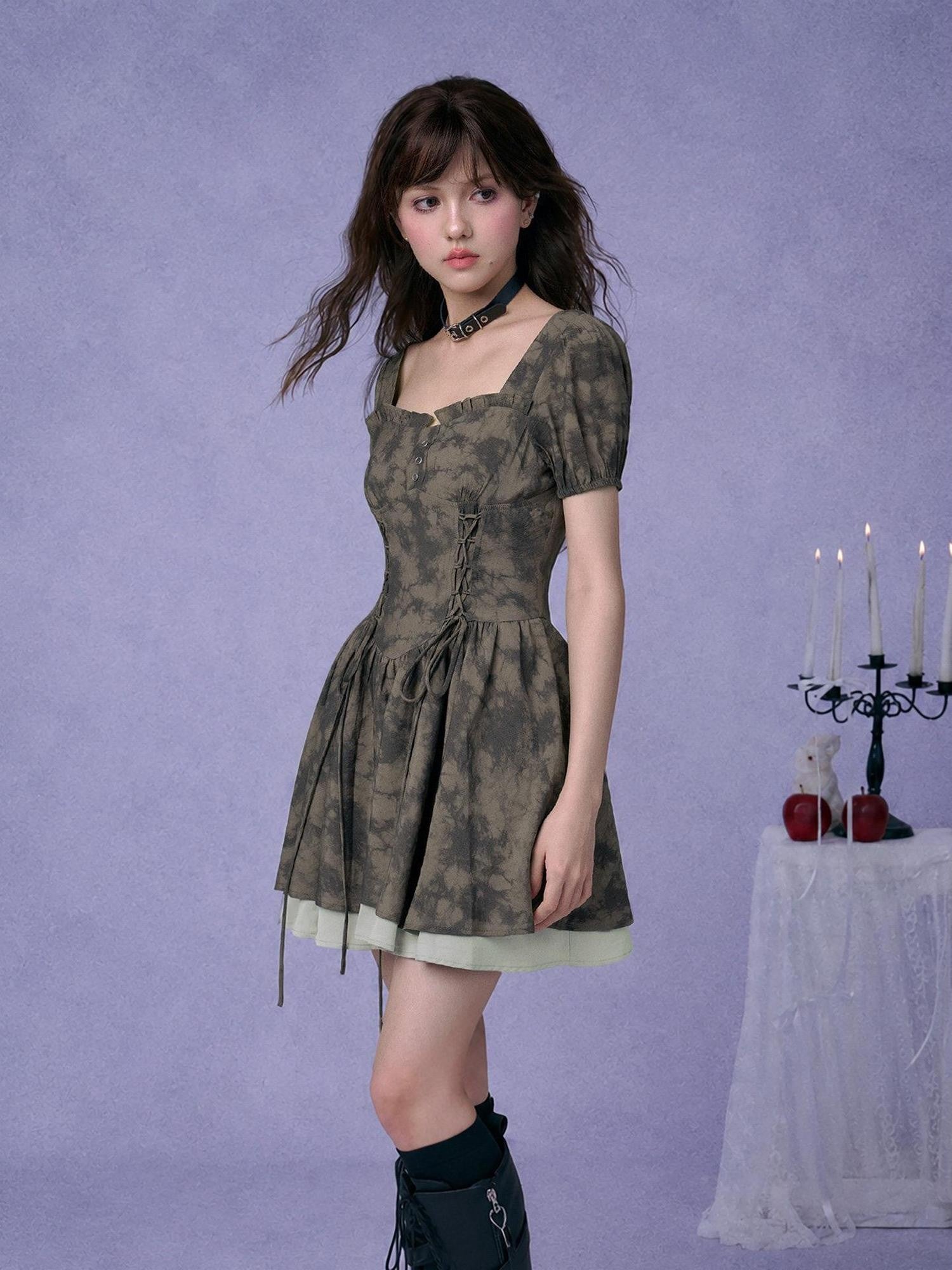 SagiDolls Moss Green Printed Lace Up High Waist Women's Corset Mini Dresses