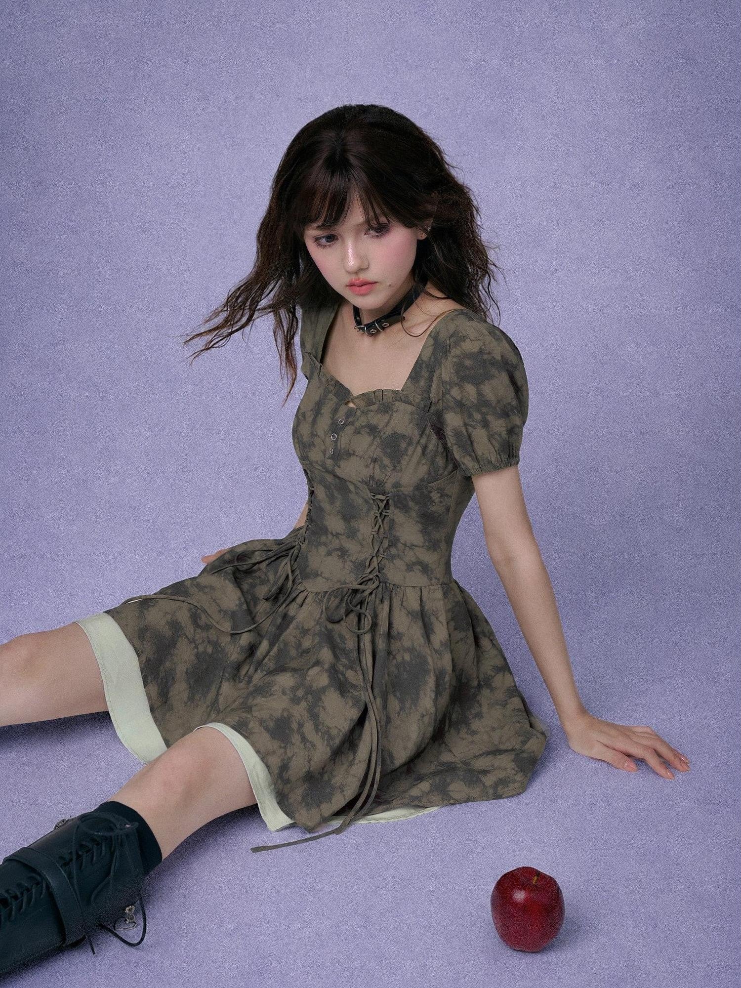 SagiDolls Moss Green Printed Lace Up High Waist Women's Corset Mini Dresses