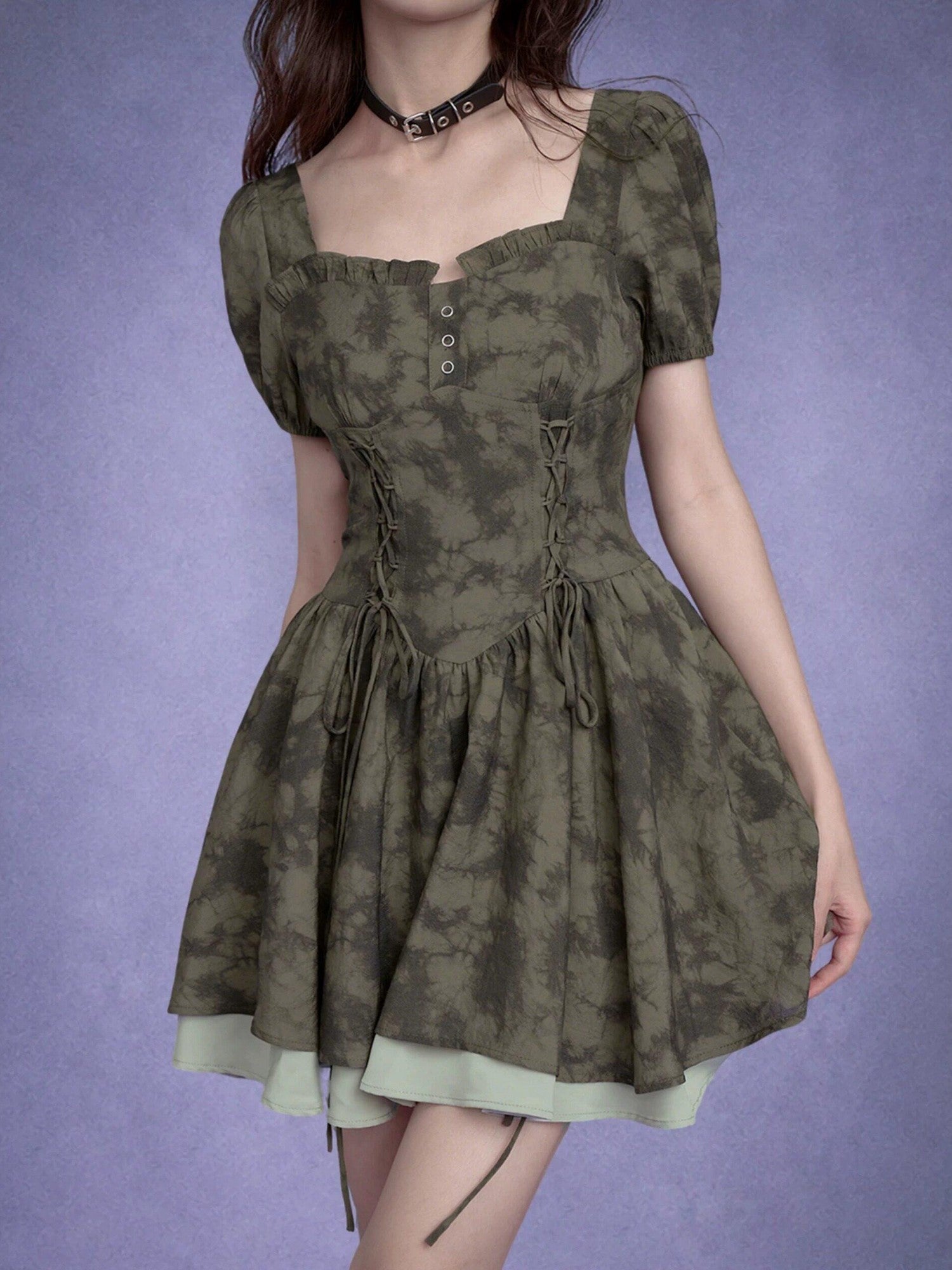 SagiDolls Moss Green Printed Lace Up High Waist Women's Corset Mini Dresses