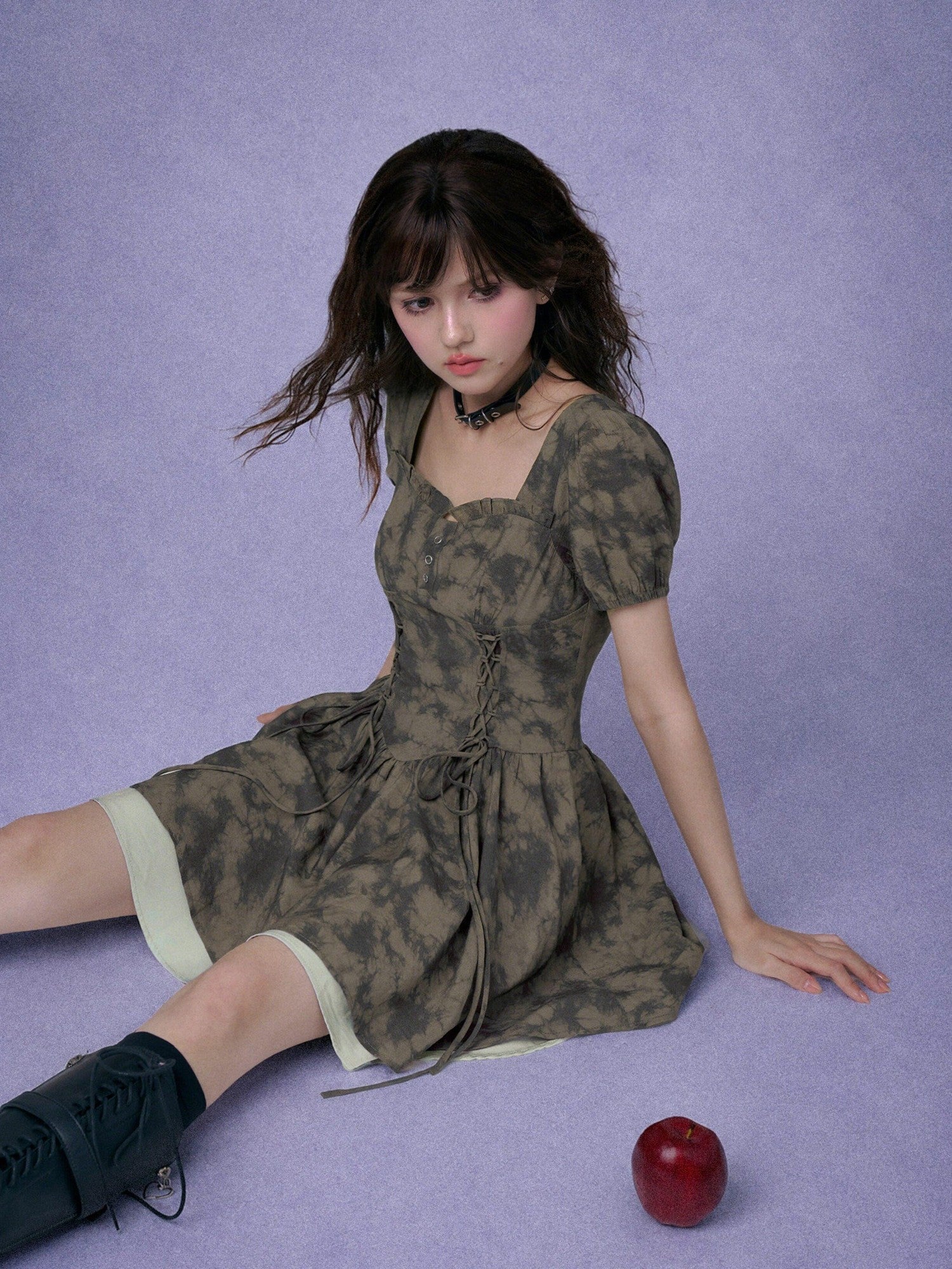 SagiDolls Moss Green Printed Lace Up High Waist Women's Corset Mini Dresses