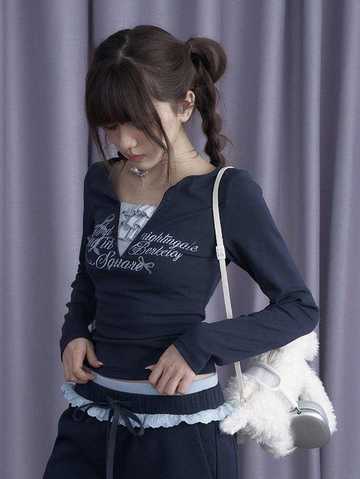 SagiDolls Navy Cream Trim Layered V-neck Slim Knit Women's Cotton Long Sleeve T-shirts