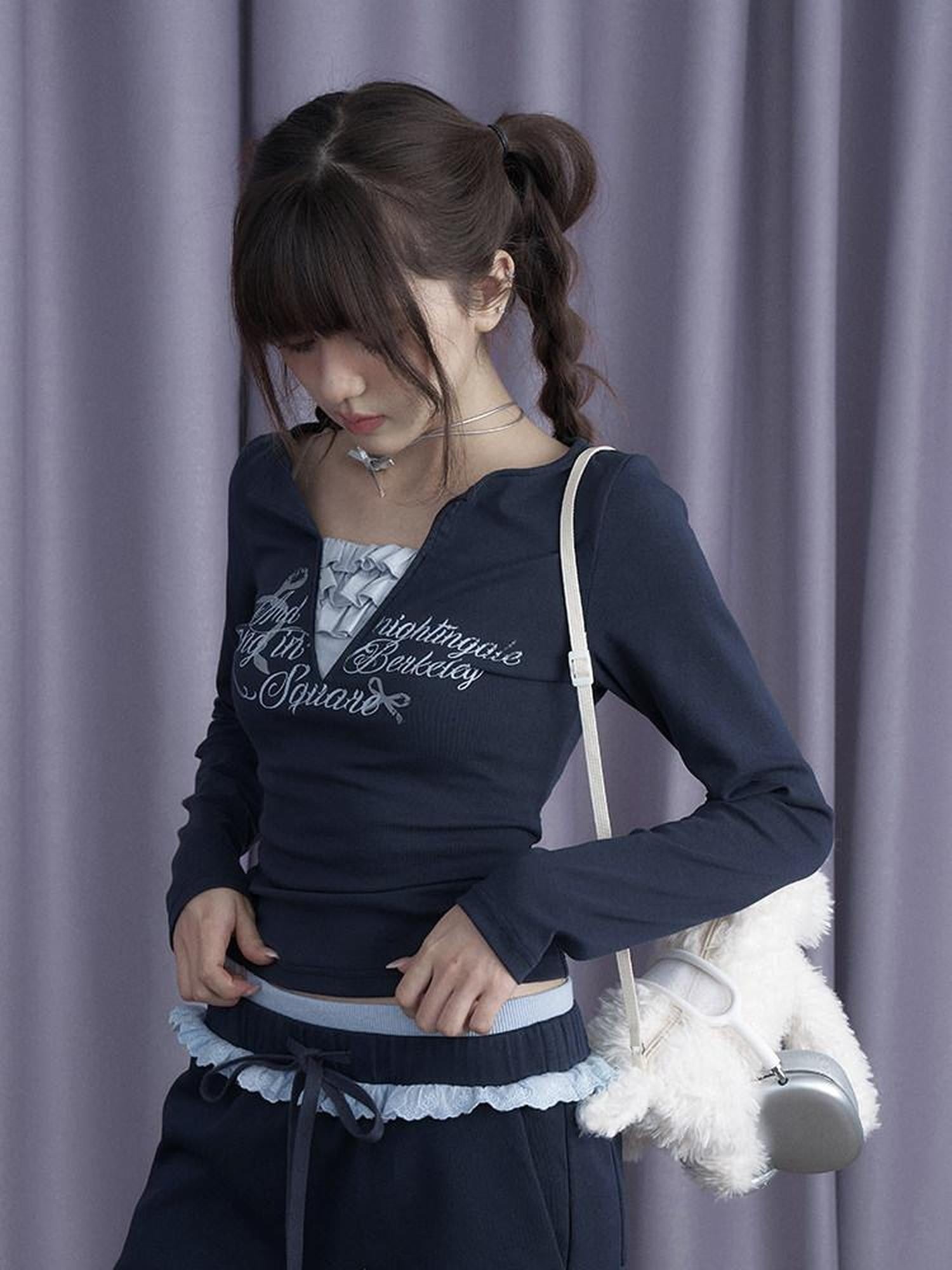 SagiDolls Navy Cream Trim Layered V-neck Slim Knit Women's Cotton Long Sleeve T-shirts