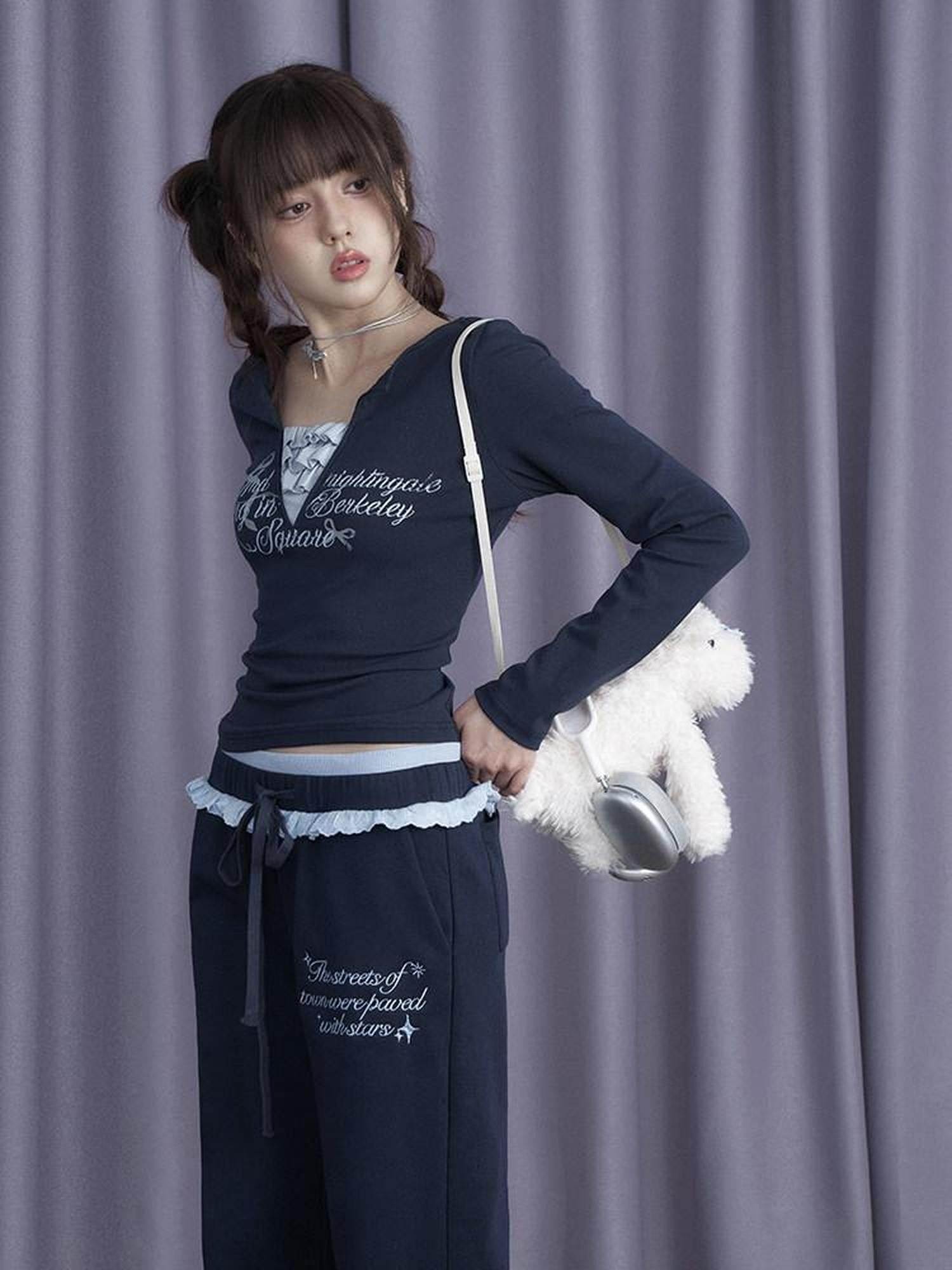 SagiDolls Navy Cream Trim Layered V-neck Slim Knit Women's Cotton Long Sleeve T-shirts