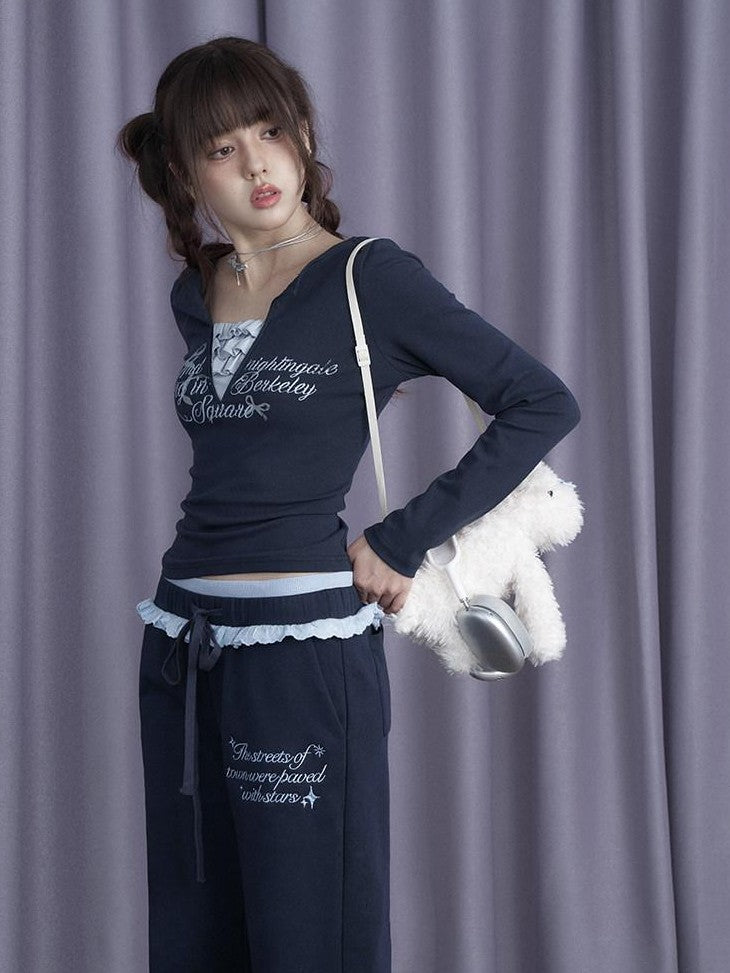 SagiDolls Navy Cream Trim Layered V-neck Slim Knit Women's Cotton Long Sleeve T-shirts