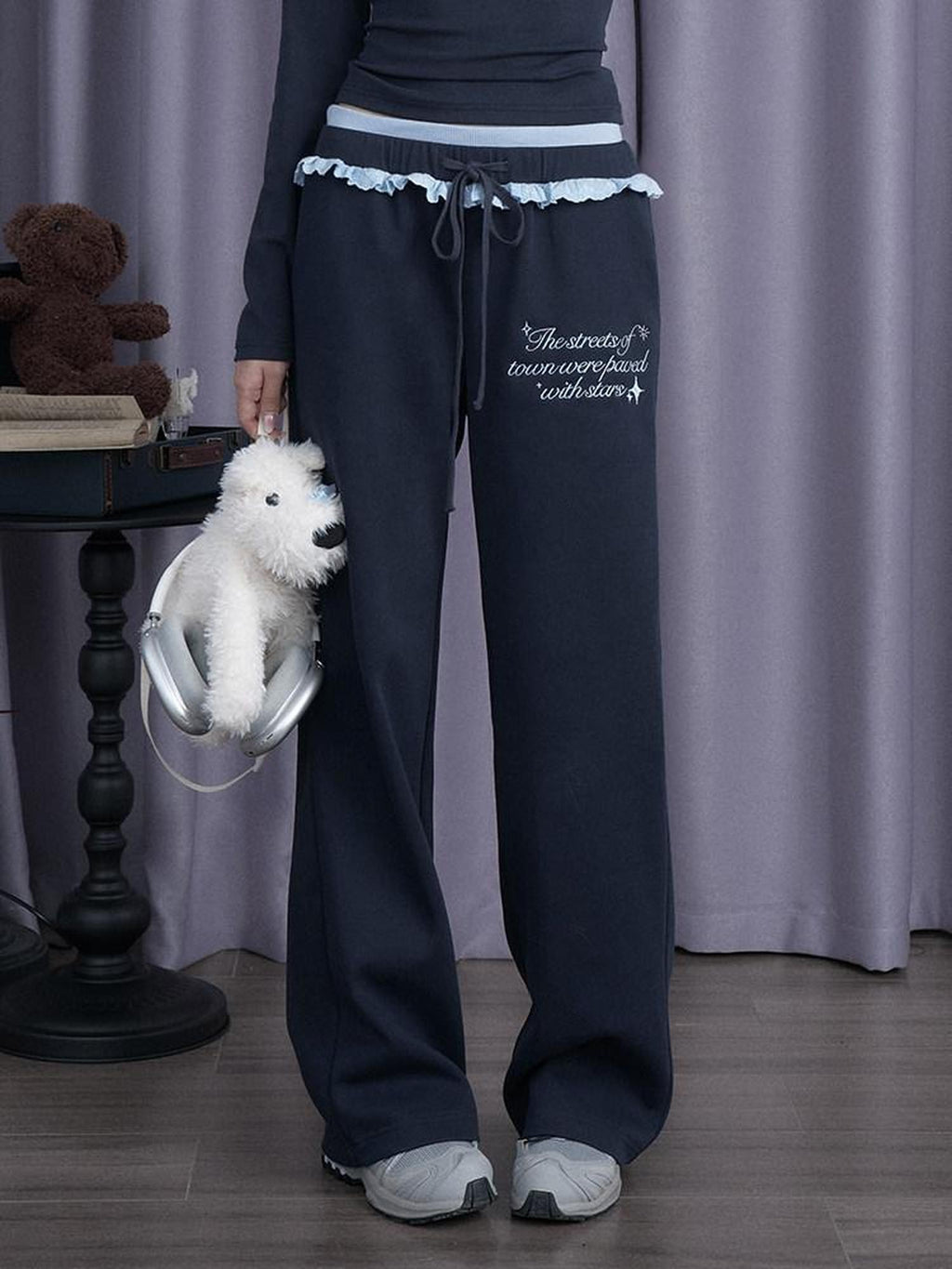 SagiDolls Navy Double Waist Knit Straight Leg Fleece Women's Cotton Blend Sweatpants