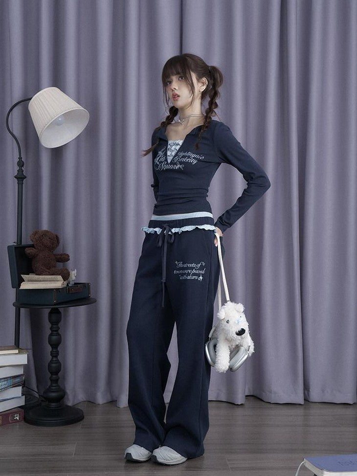 SagiDolls Navy Double Waist Knit Straight Leg Fleece Women's Cotton Blend Sweatpants