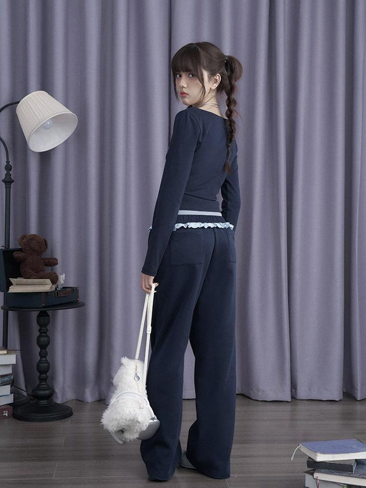 SagiDolls Navy Double Waist Knit Straight Leg Fleece Women's Cotton Blend Sweatpants