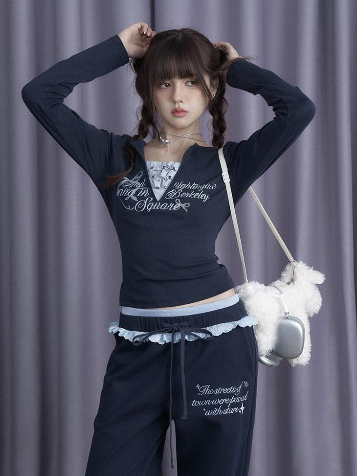 SagiDolls Navy Double Waist Knit Straight Leg Fleece Women's Cotton Blend Sweatpants