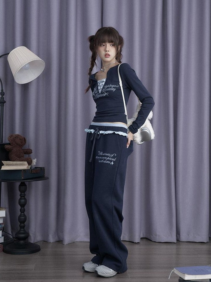SagiDolls Navy Double Waist Knit Straight Leg Fleece Women's Cotton Blend Sweatpants
