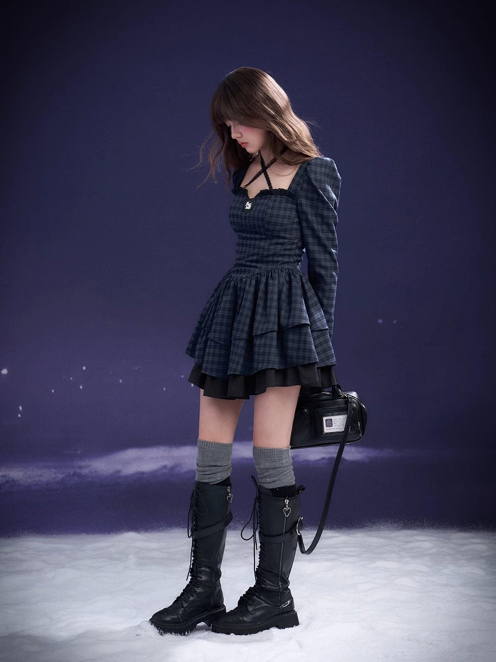 SagiDolls Navy Plaid Halter Tiered Cake Women's Pure Cotton Casual Mini Dresses