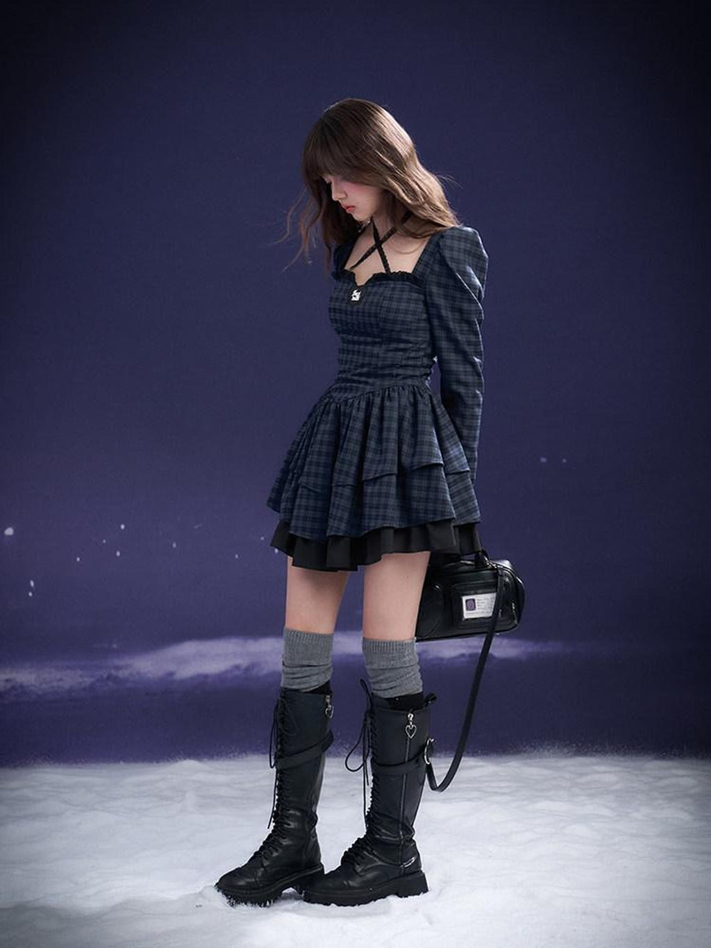 SagiDolls Navy Plaid Halter Tiered Cake Women's Pure Cotton Casual Mini Dresses