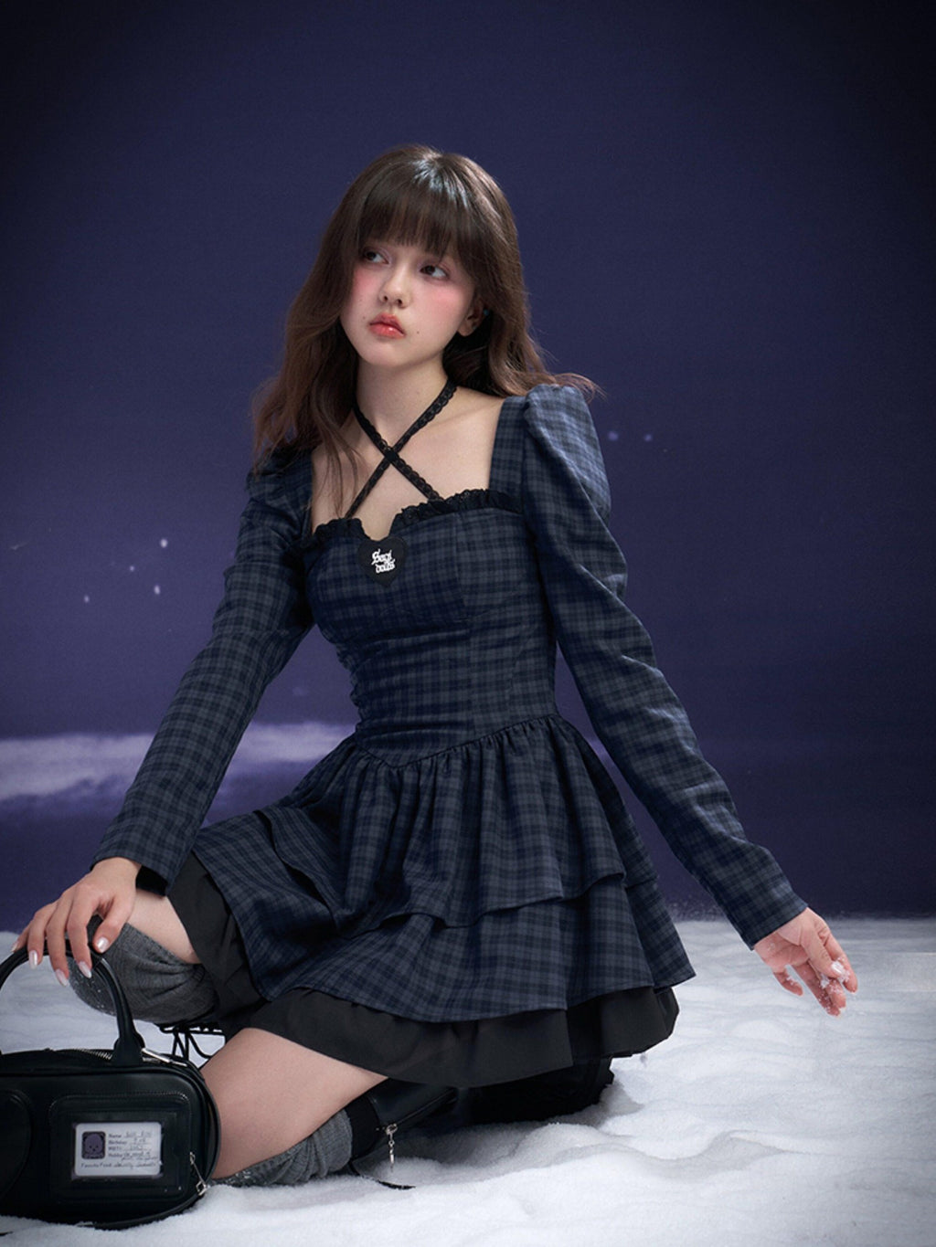 SagiDolls Navy Plaid Halter Tiered Cake Women's Pure Cotton Casual Mini Dresses