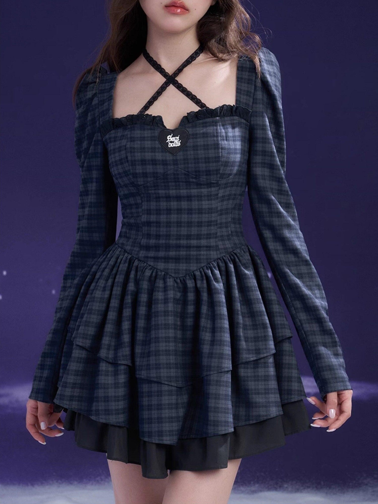 SagiDolls Navy Plaid Halter Tiered Cake Women's Pure Cotton Casual Mini Dresses