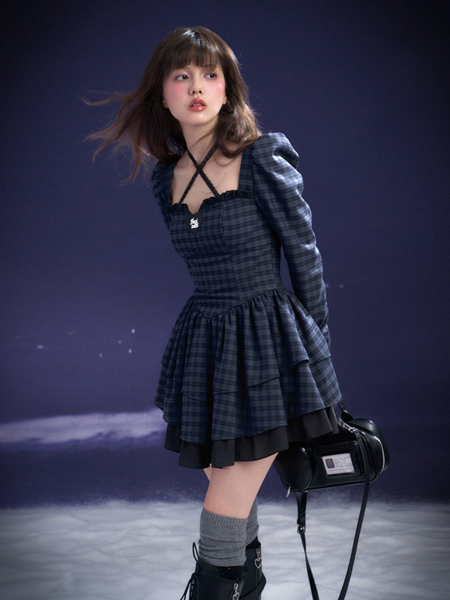 SagiDolls Navy Plaid Halter Tiered Cake Women's Pure Cotton Casual Mini Dresses