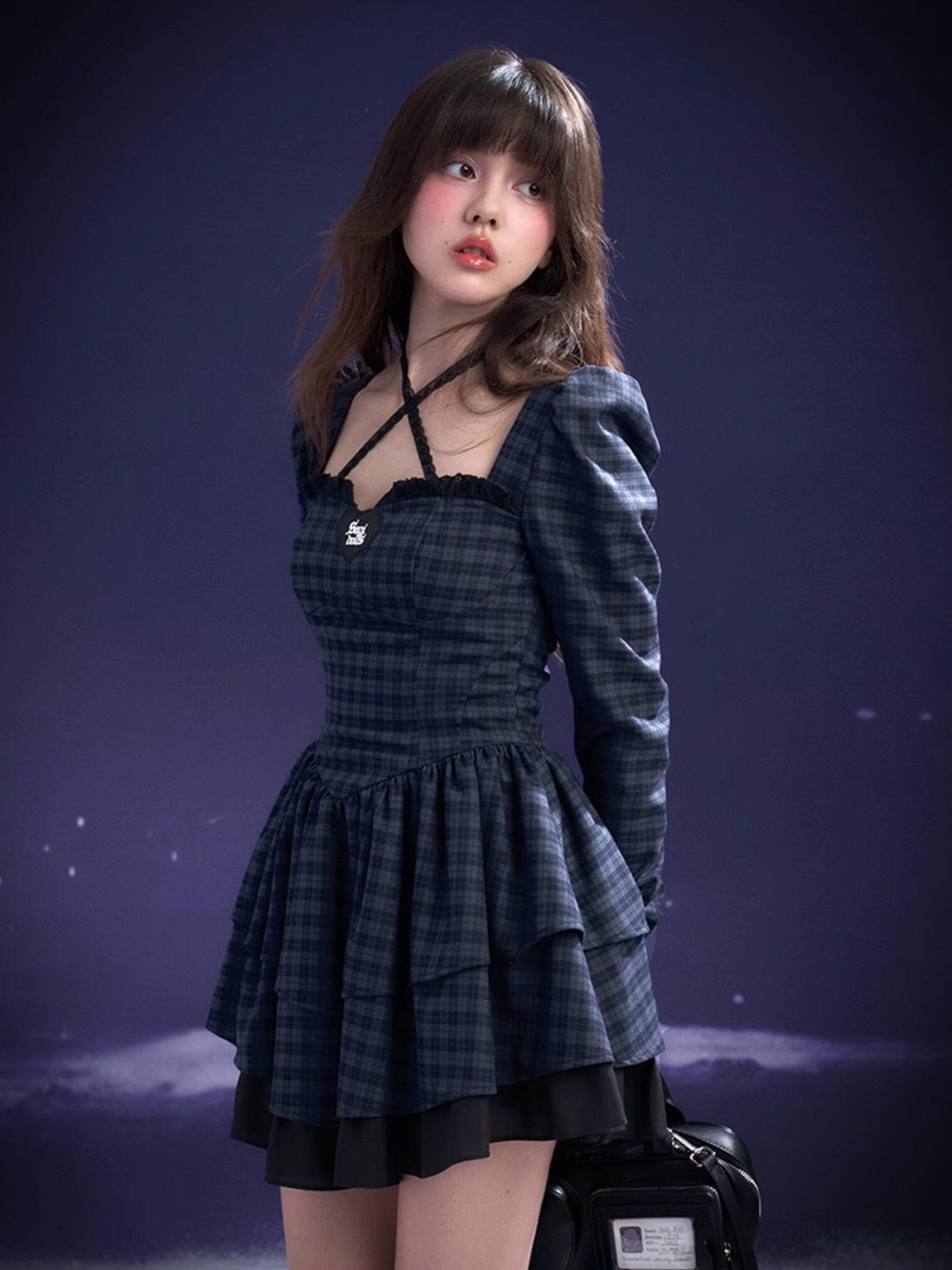 SagiDolls Navy Plaid Halter Tiered Cake Women's Pure Cotton Casual Mini Dresses