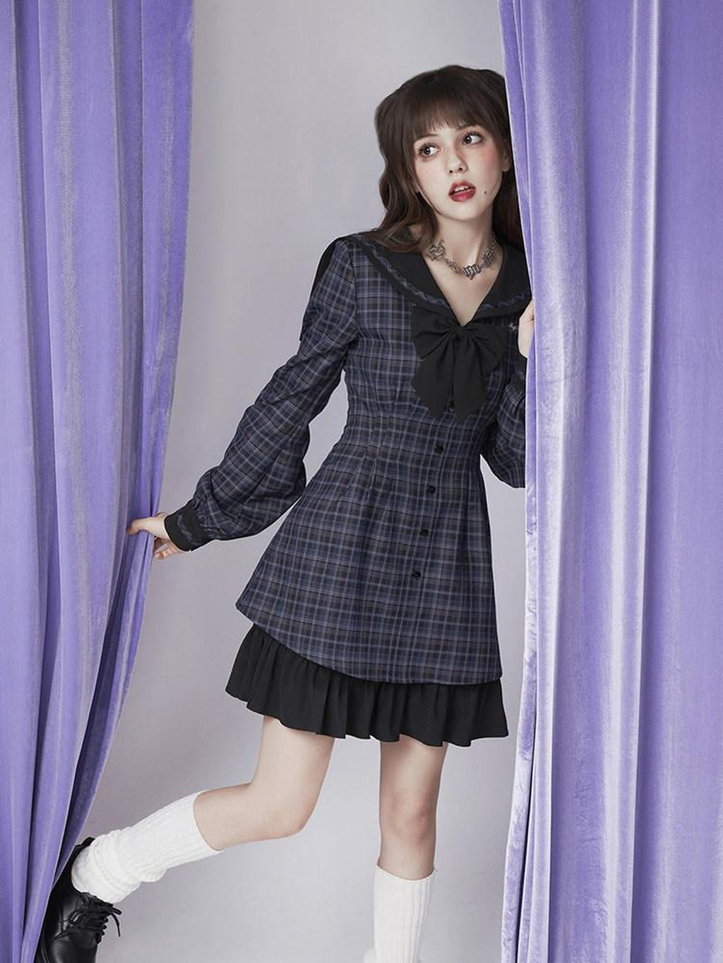 SagiDolls Navy Sailor Collar Plaid Lantern Sleeve Women's Tr Casual Mini Dresses